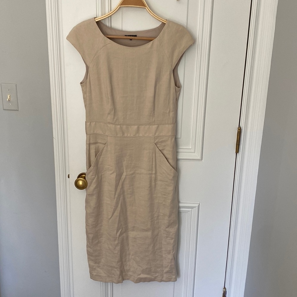 Theory Cap Sleeve Tan Linen Pencil Midi Dress, Natural Textured, Size 6